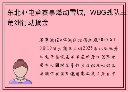 东北亚电竞赛事燃动雪城，WBG战队三角洲行动摘金